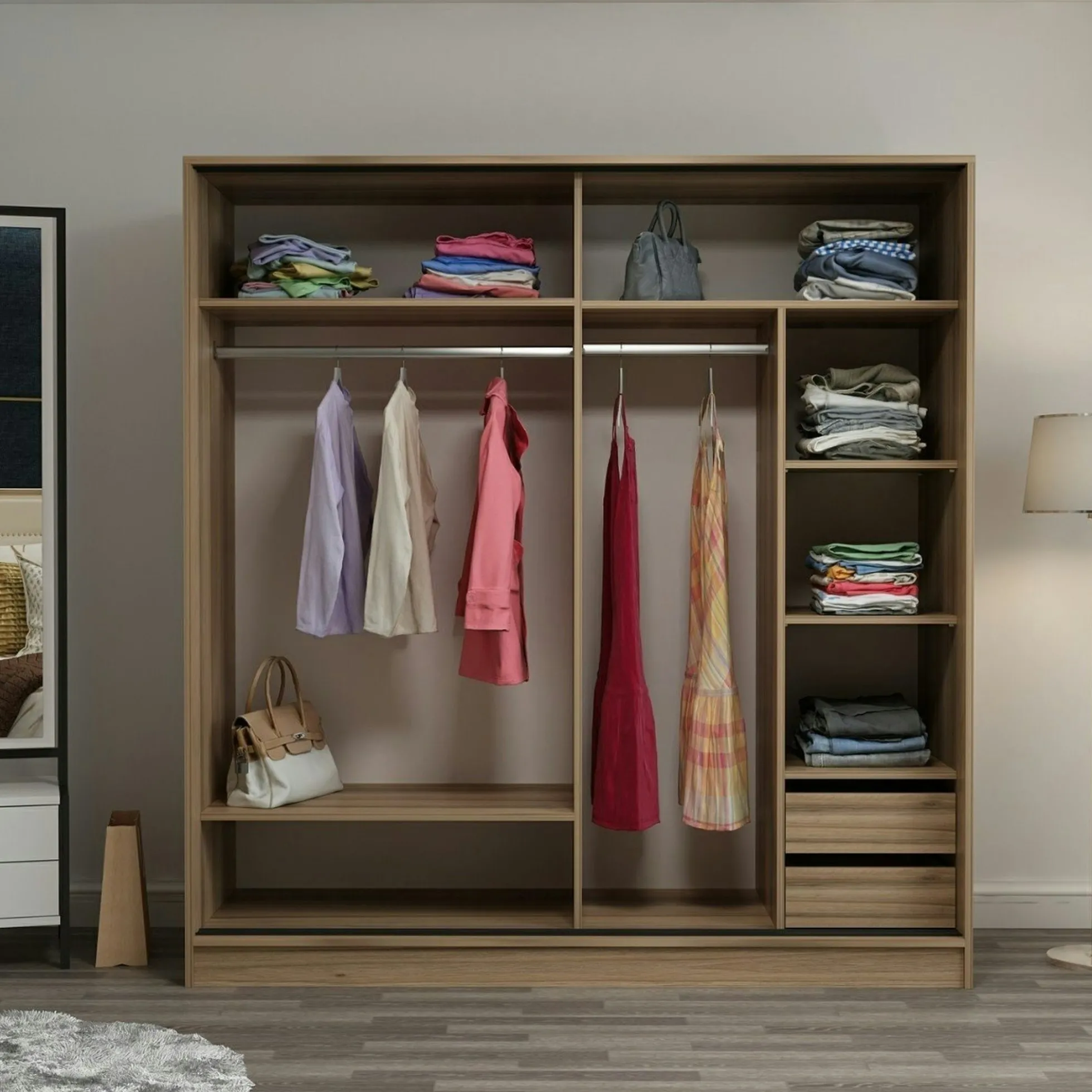 Armoire portes coulissantes effet bois & gris, 1 miroir BYRON