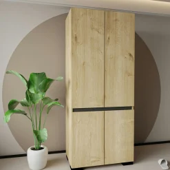 Armoire 2 portes effet bois détail gris, 5 étagères BYRON
