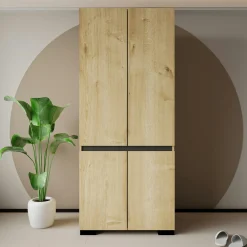 Armoire 2 portes effet bois détail gris, 5 étagères BYRON