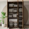 Armoire 3 portes effet noyer détail gris 10 étagères BYRON