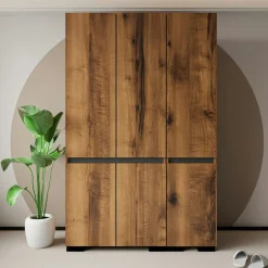 Armoire 3 portes effet noyer détail gris 10 étagères BYRON
