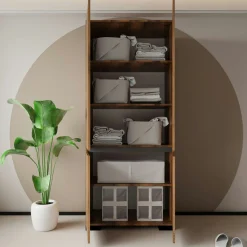 Armoire 2 portes effet noyer détail gris, 5 étagères BYRON