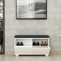 Banc à chaussures blanc assise et 4 niches fermées MARFA