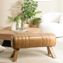 Banc cuir havane pieds en bois 89 cm TIM
