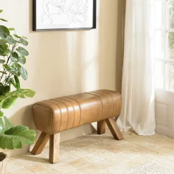 Banc cuir havane pieds en bois 89 cm TIM