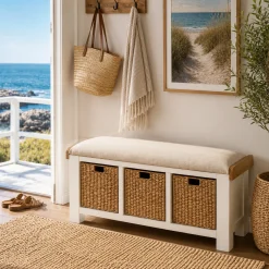 Banc d'entrée blanc coussin d'assise et paniers rangement VELIA