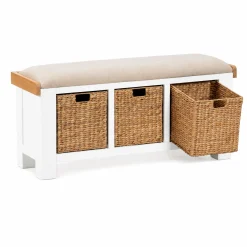 Banc d'entrée blanc coussin d'assise et paniers rangement VELIA