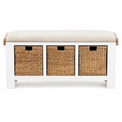 Banc d'entrée blanc coussin d'assise et paniers rangement VELIA