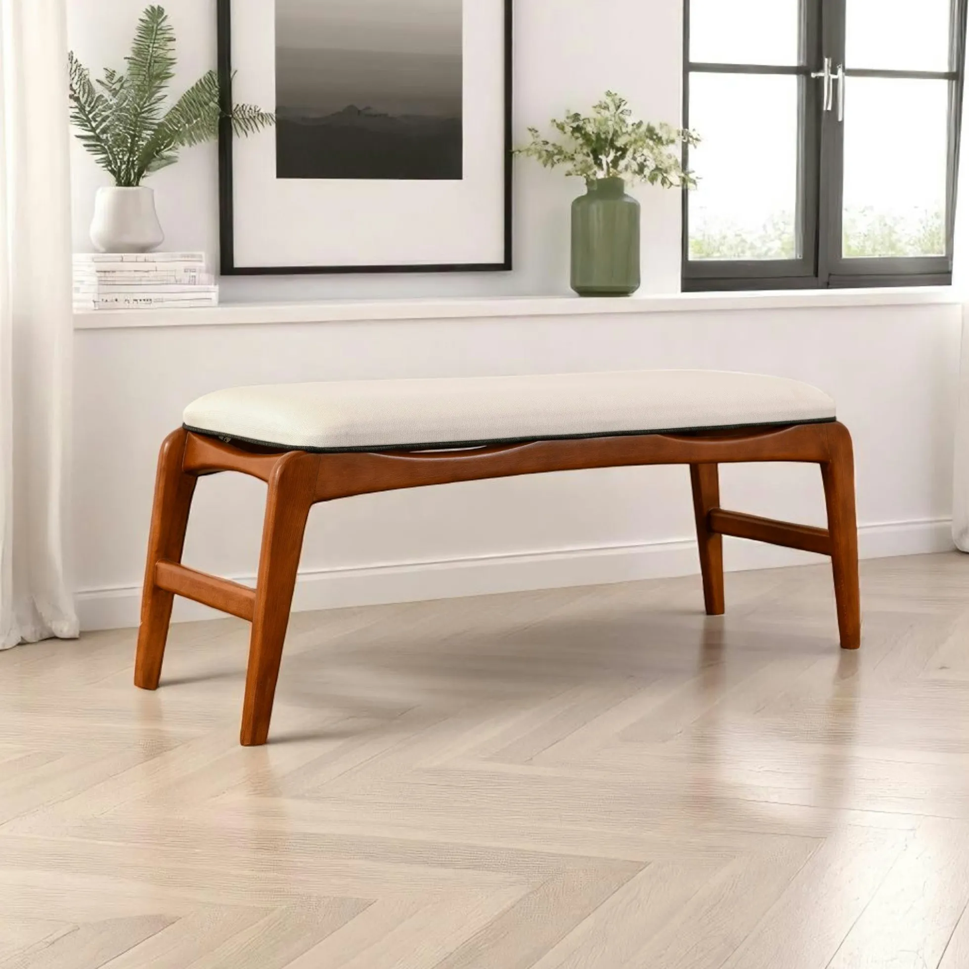 Banc d'entrée en bois et tissu - assise lin, 120 cm DILI