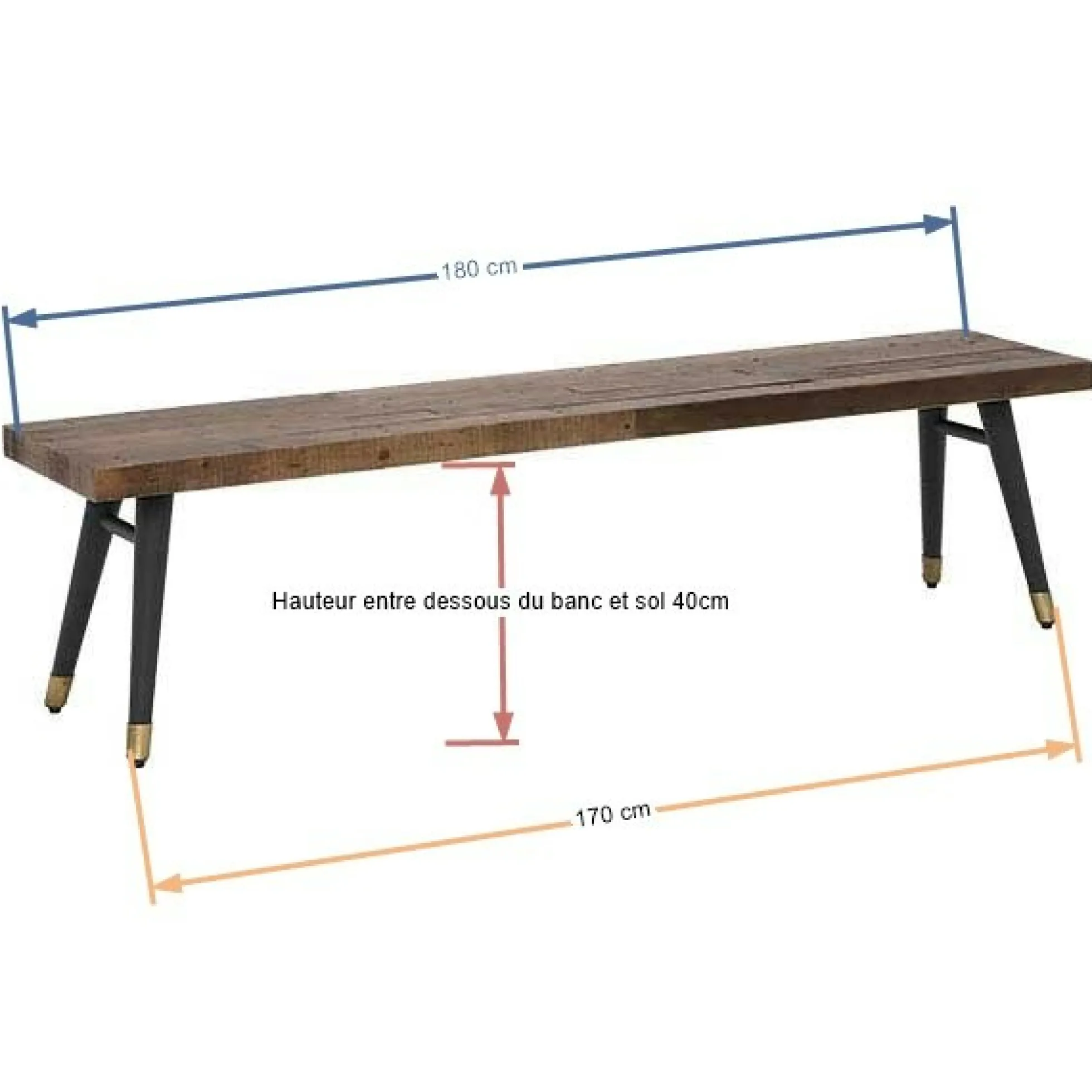 Banc de table bois recyclé piètement effet laiton vieilli 180 cm ADÉLAÏDE