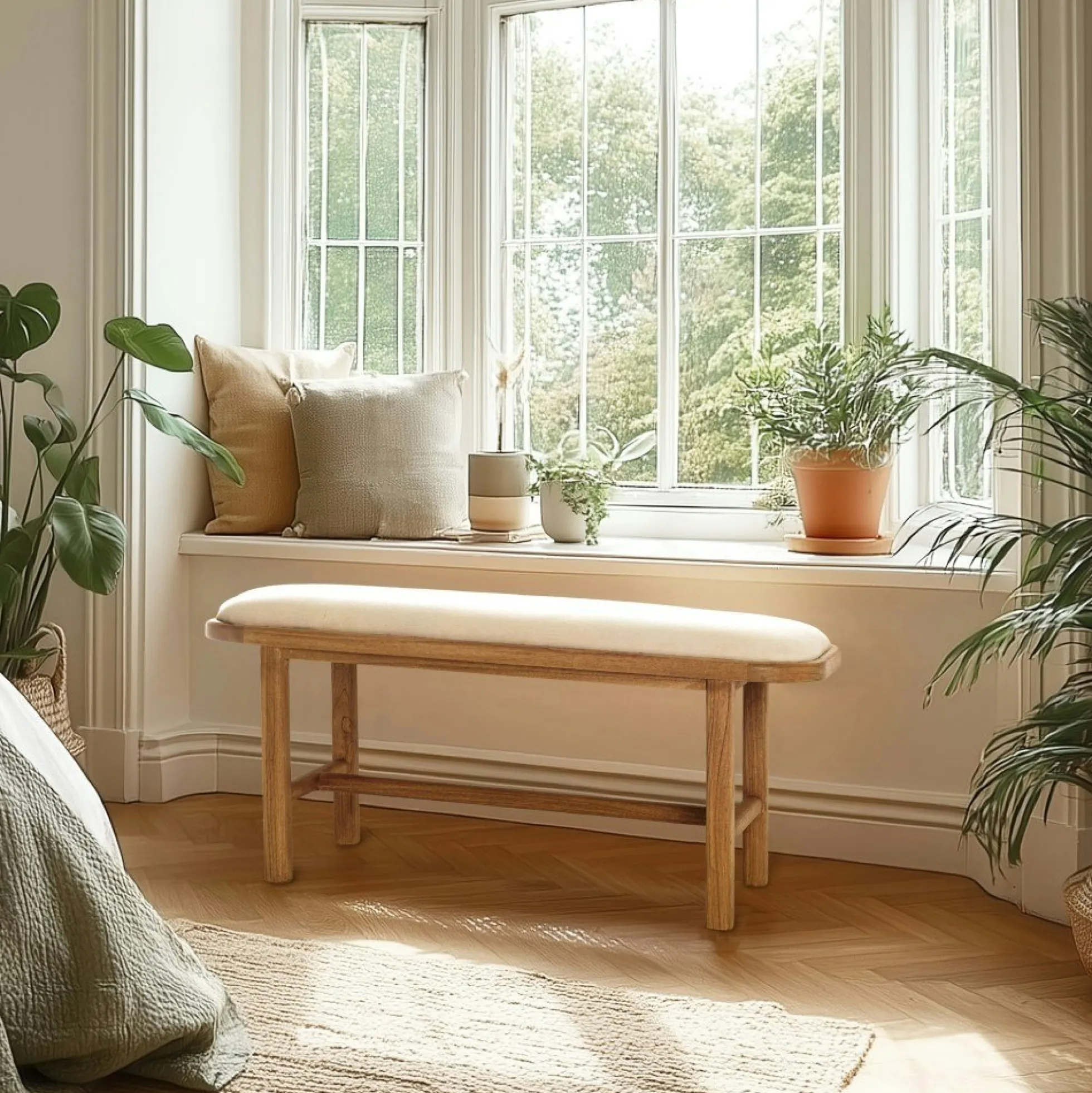 Banc 1 place avec coussin blanc en bois de mindi TIVARO