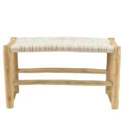 Banc rondins de teck naturel assise macramé blanc MANAK