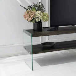 Banc TV bois anthracite et verre - 2 niveaux, 140 cm LHASA
