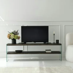 Banc TV bois anthracite et verre - 2 niveaux, 140 cm LHASA