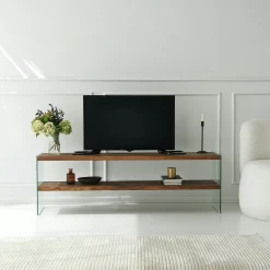 Banc TV en bois brun et verre - 2 niveaux, 140 cm LHASA