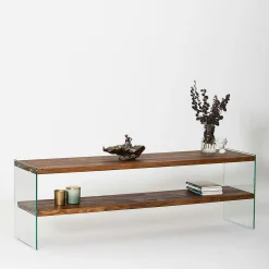 Banc TV en bois brun et verre - 2 niveaux, 140 cm LHASA