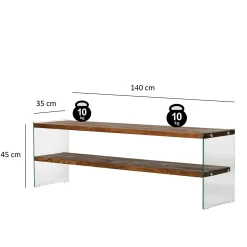 Banc TV en bois brun et verre - 2 niveaux, 140 cm LHASA