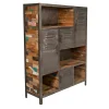 Bibliothèque bois recyclé 4 niches et 4 portes métalliques 125x40x160cm CARAVELLE