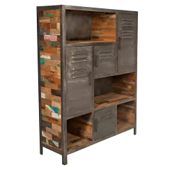 Bibliothèque bois recyclé 4 niches et 4 portes métalliques 125x40x160cm CARAVELLE