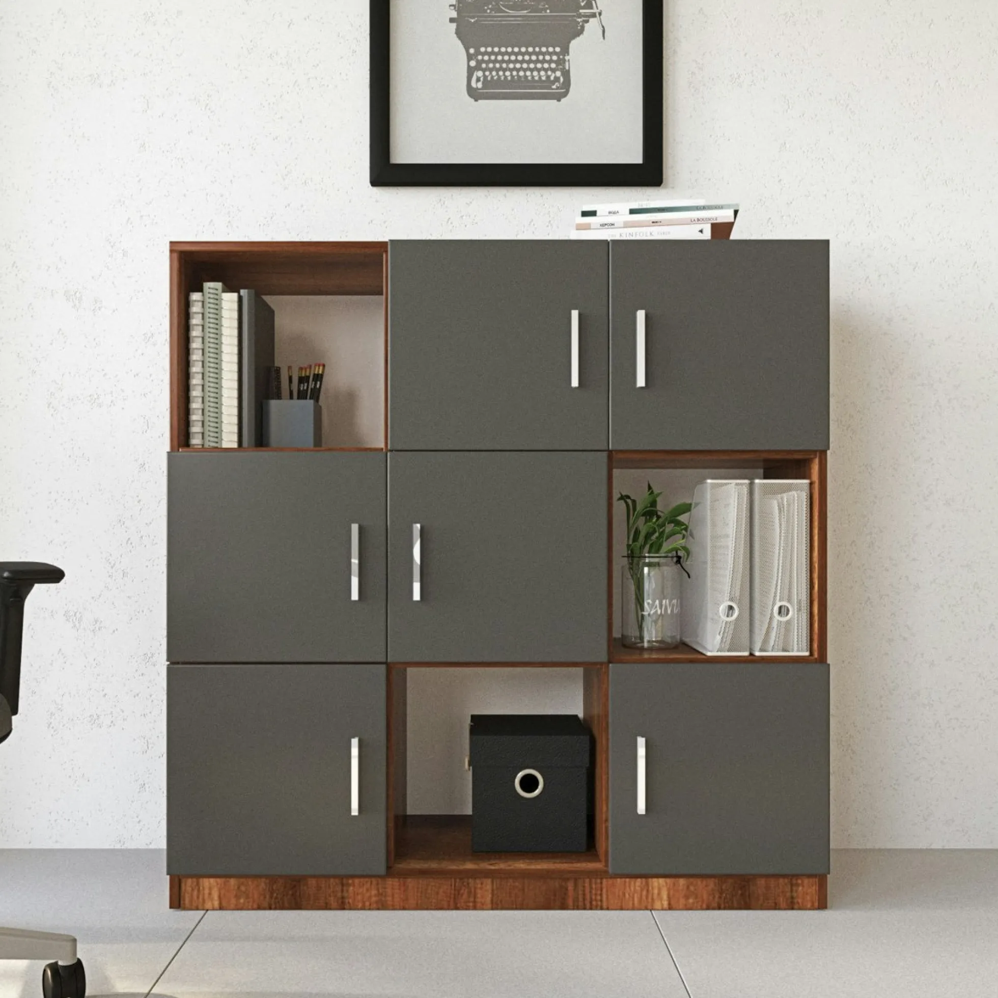 Bibliothèque design damier 6 rangements gris rétro chic MARFA