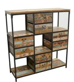 Bibliothèque Double Faces 8 tiroirs, 5 niches cubes en Hévéa recyclé coloré et métal 120x40x128cm LOFT COLORS