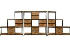 Bibliothèque Double Faces 8 tiroirs, 5 niches cubes en Hévéa recyclé naturel et métal 120x40x128cm LOFT