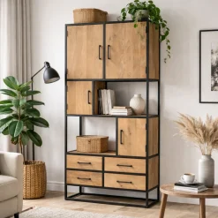 Bibliothèque en bois clair 4 portes 4 tiroirs RIVANO