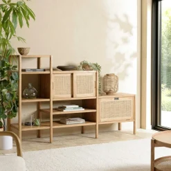 Bibliothèque en escalier en bois de mindi et rotin naturel TIVARO
