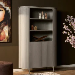 Bibliothèque haute bois gris rainuré avec rangement CALERO
