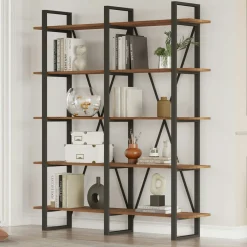 Bibliothèque industrielle effet bois foncé, dos croisé JENA