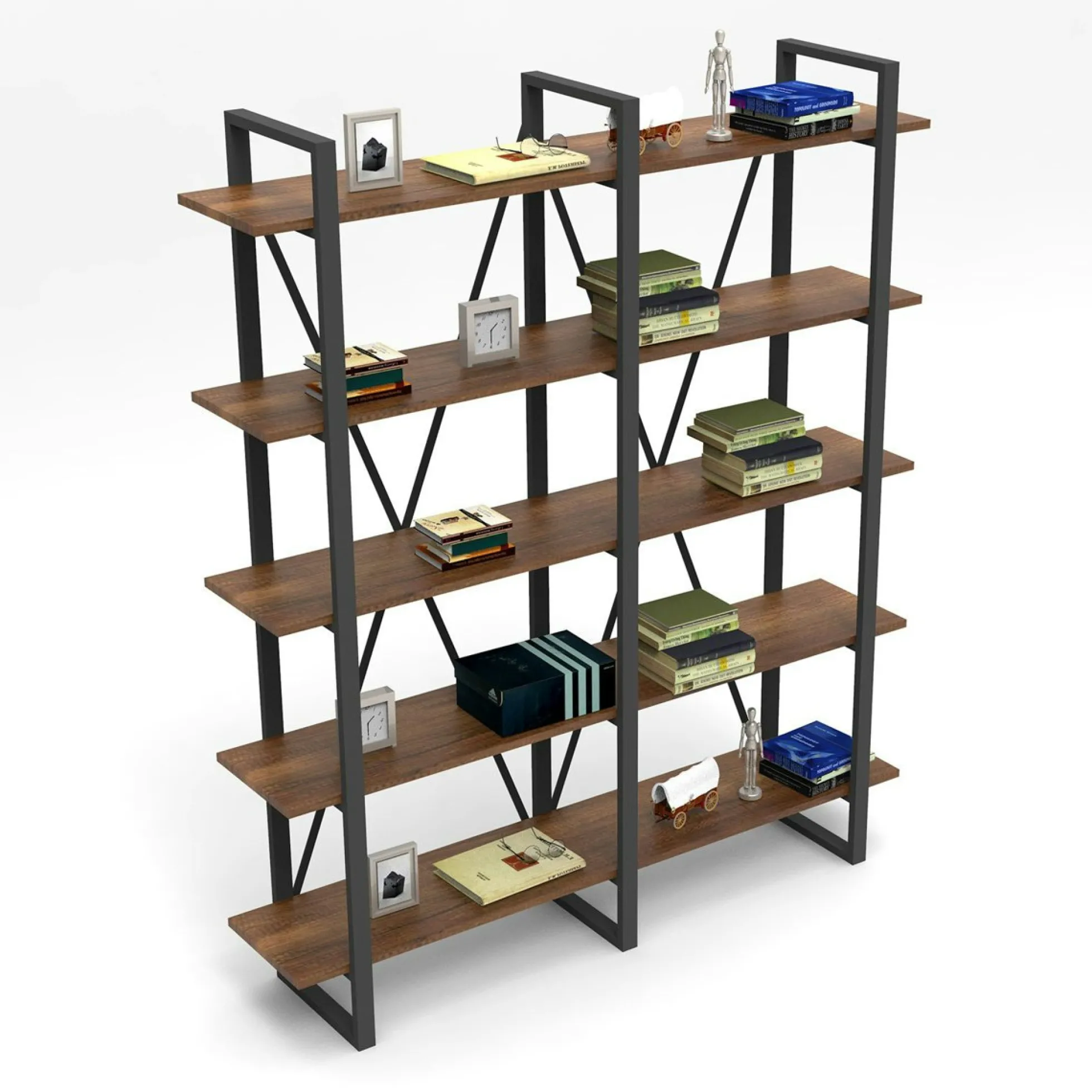 Bibliothèque industrielle effet bois foncé, dos croisé JENA