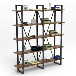 Bibliothèque industrielle effet bois foncé, dos croisé JENA