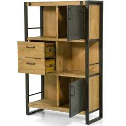 Bibliothèque Inspiration Indus' en Acacia et Métal, 2 portes métal, 2 tiroirs et 3 niches 90x35x140cm BROOKLYN