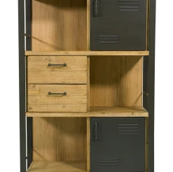 Bibliothèque Inspiration Indus' en Acacia et Métal, 2 portes métal, 2 tiroirs et 3 niches 90x35x140cm BROOKLYN