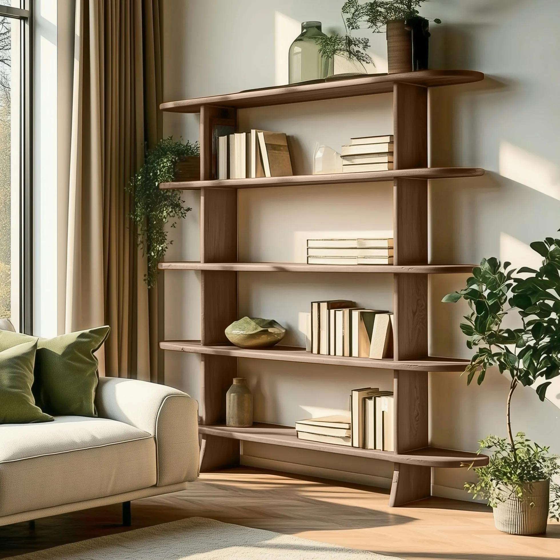 Bibliothèque linéaire 5 étagères en bois de mindi ARCUS