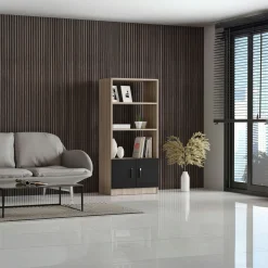 Bibliothèque moderne effet bois avec portes noires MARFA