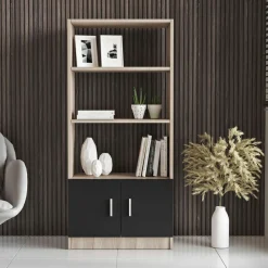 Bibliothèque moderne effet bois avec portes noires MARFA