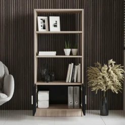 Bibliothèque moderne effet bois avec portes noires MARFA