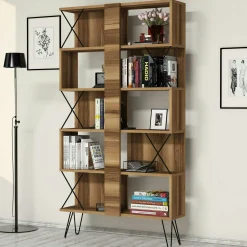 Bibliothèque moderne effet noyer à croisillons noirs JENA