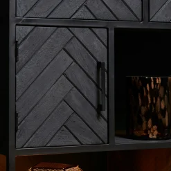 Bibliothèque noire en bois 4 portes motif chevron ALVERA