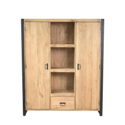 Bibliothèque salon bois clair métal noir 2 portes MILORA
