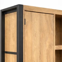 Bibliothèque salon bois clair métal noir 2 portes MILORA