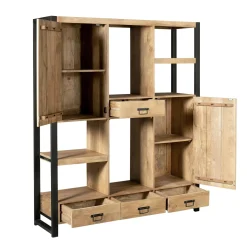 Bibliothèque salon bois clair métal noir avec rangement MILORA