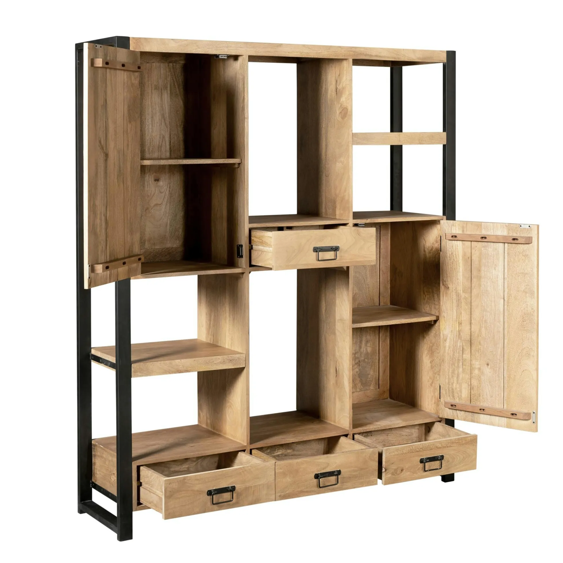 Bibliothèque salon bois clair métal noir avec rangement MILORA