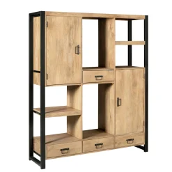 Bibliothèque salon bois clair métal noir avec rangement MILORA