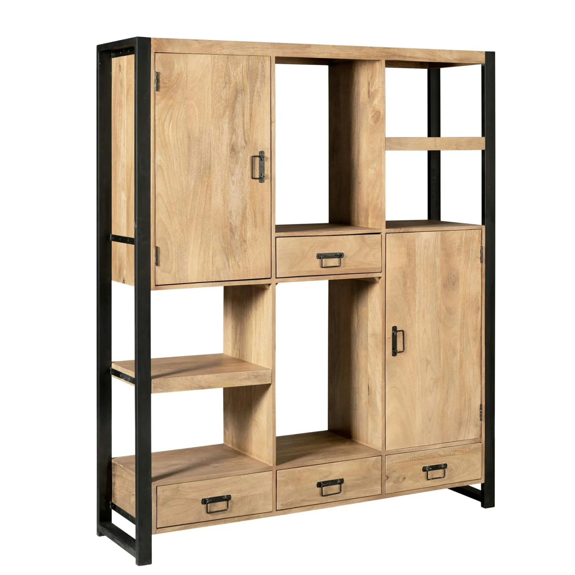 Bibliothèque salon bois clair métal noir avec rangement MILORA
