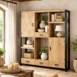 Bibliothèque salon bois clair métal noir avec rangement MILORA