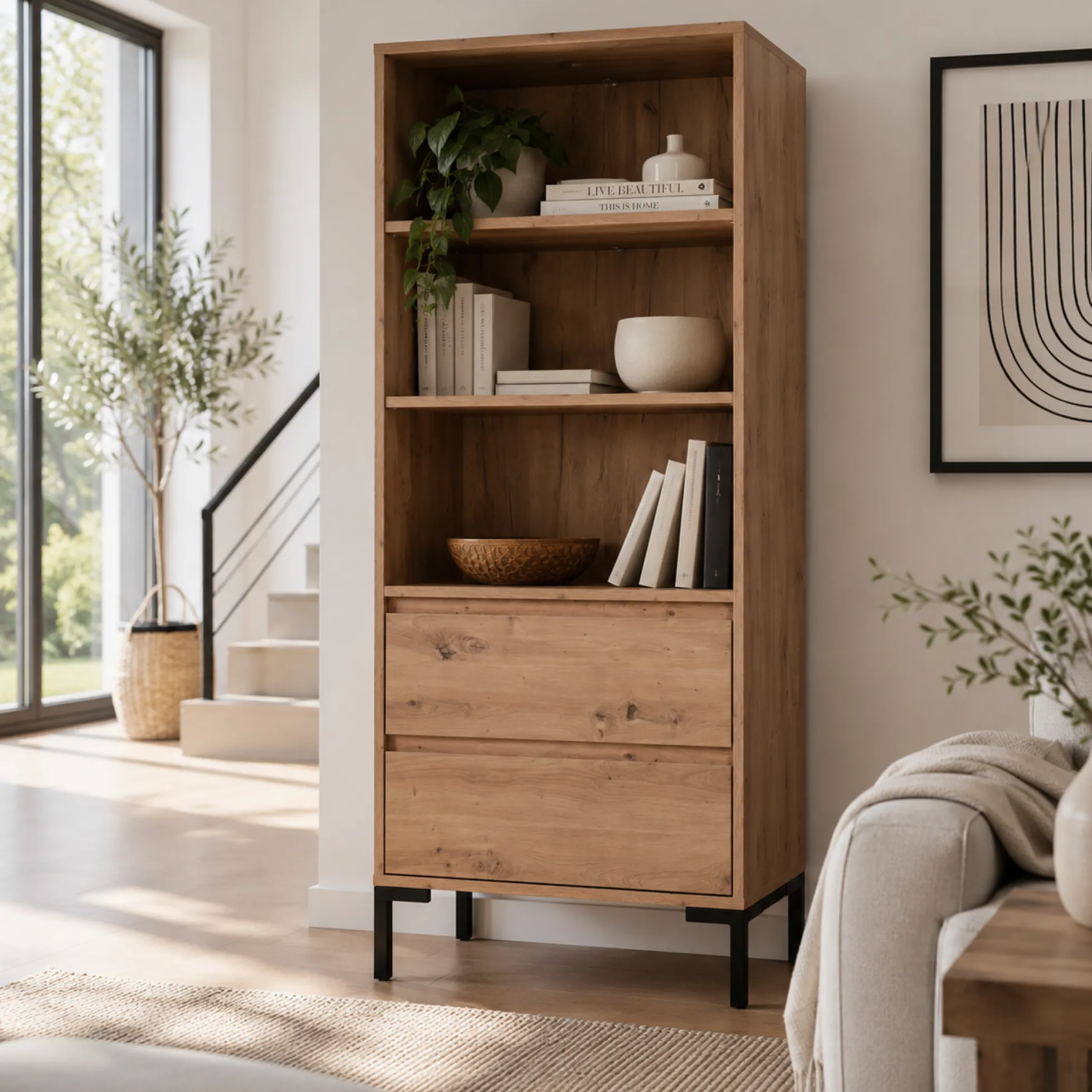 Bibliothèque étagère décor bois 2 tiroirs KARVI