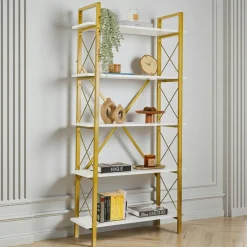 Bibliothèque étagère dorée, 5 plateaux blancs JENA