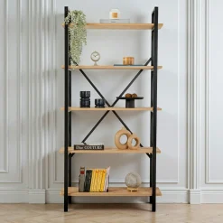 Bibliothèque étagère noire, 5 plateaux effet chêne clair JENA